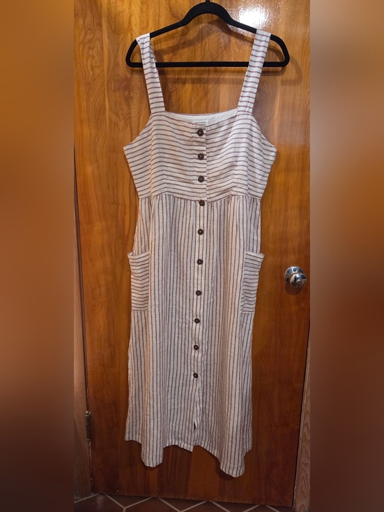 Artisan Ny Dresses & Skirts - NWT Artisan NY 100% Linen Striped Beige Button-Front Midi Dress w/pockets Sz 12